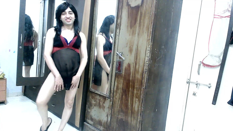 Cute & Nude Crossdresser: Super sexy sissy crossdresser femboy in red and black lingerie.