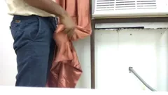 Satin Silk Handjob Porn - Handjob with Orange Satin Silky Curtain in Office (36)