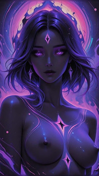 Dea cosmica mystic con incandescente viola occhi fantasia scura ai presentazione d'arte