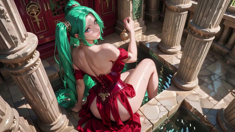 Tay Swift X: Green-haired Warlock! Red Battle Armor in the Classical Arcade, Slit...