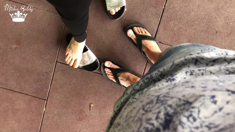 Goddess Misha Goldy: My new shiny slippers dangling everywere outdoor