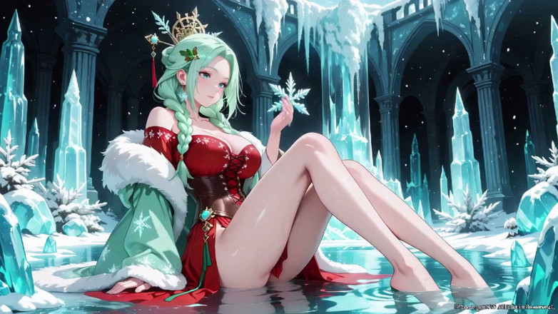 Tay Swift X: Green-haired Goddess in Red Gown Kneels in the Crystal Hall,...