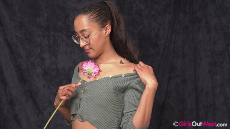 Girls Out West: Small Titted Chick with Hairy Pussy Loves Flowers and Masturbation