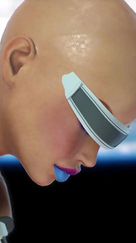 Weiblicher sex android spielt mit einem sexy ebenholz in der raumstation