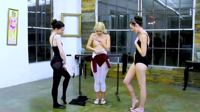 Lesbian Love Movies: Three Brunettes in Stockings on the Art Studio Table - Hands...