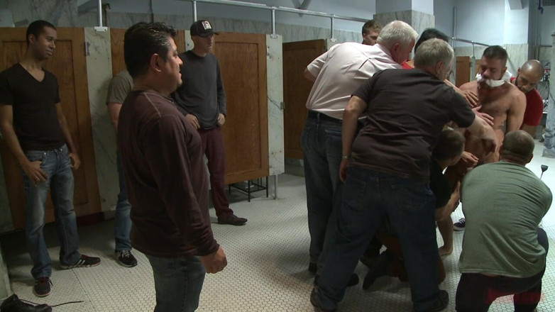 Bound in public: Pissed off Janitor Fucked in Bondage by Horny Bathroom Cruisers