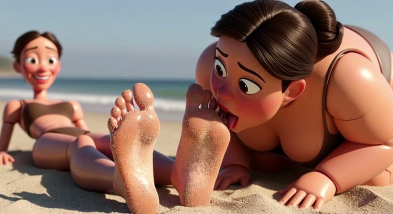 YOUR BEST FANTASY: Fat Woman Licking Sandy Feet of Skinny Girl - Beach Humiliation