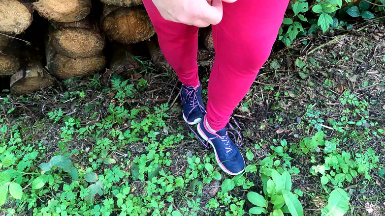Bouncy Tits Action: Lie Down on the Tree Trunk with Your Bare Torso