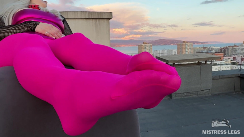 Mistress Legs: Pink Nylon Tease on the Rooftop at Sunset - Feet and...
