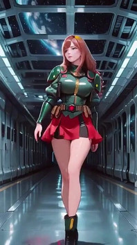 Inside the Sci-fi Train, She Wears a Tight Green Armor, Touching Her Red Lips While Gazing at the Galaxy Through the Porthole.