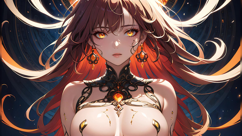 LustRender: Trans światła piękna młoda kobieta z mistycznymi świecącymi znakami