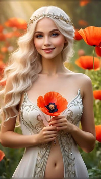 Ai artistic nackt - eine schöne frau, die mohn mit weißgold-shimmer diamond schmuck hält