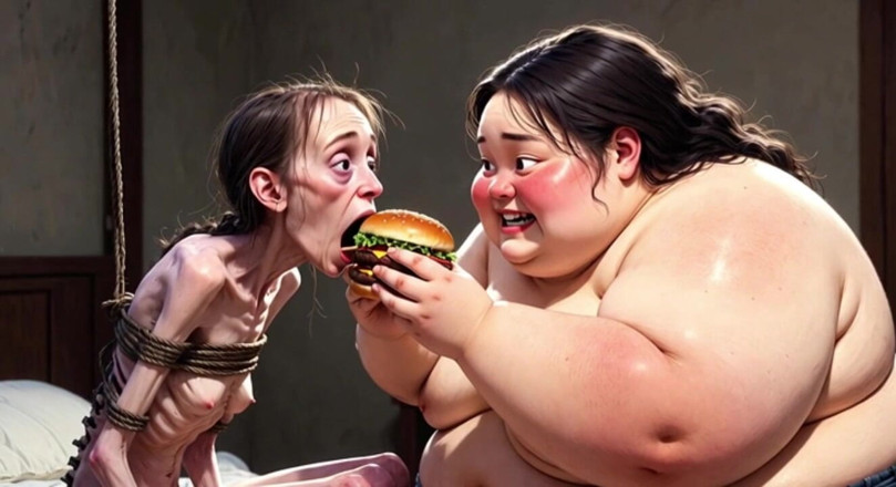 YOUR BEST FANTASY: Skinny Girl Getting Fed by Huge Fat Woman - Contrast Feeding...