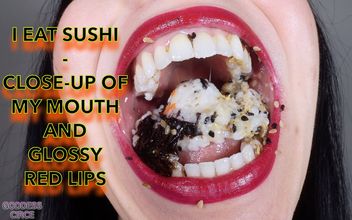 I Eat Sushi – Close up of My Mouth and Glossy Red Lips