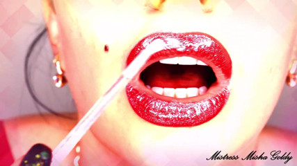 Goddess Misha Goldy: Cum to my red glossy lips and red lustful shapes