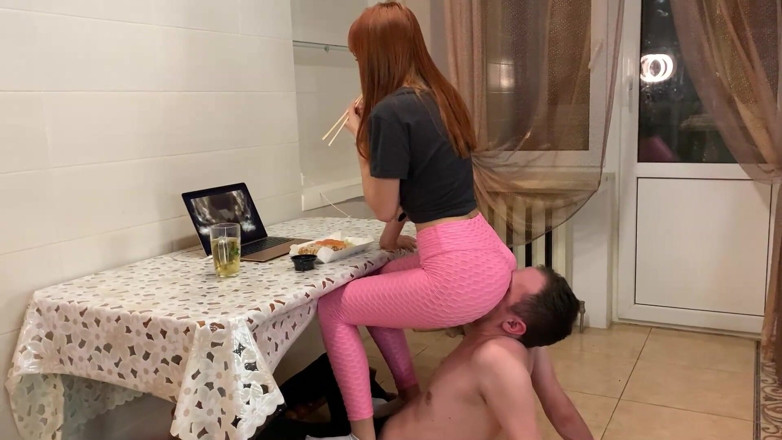 Petite Princesses Femdom: Kira has dinner in the kitchen using her boyfriend as...