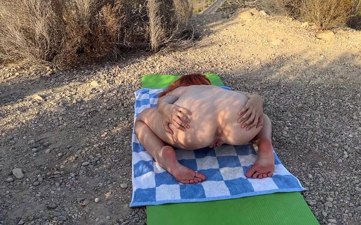 Sheryl X: Outdoor Naked Yoga Session. Stretching Glutes and Split.