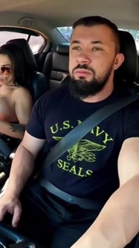 Traffic Blowjob: Exhibitionist Brunette Shows Her Tits and Sucks It All in the Car