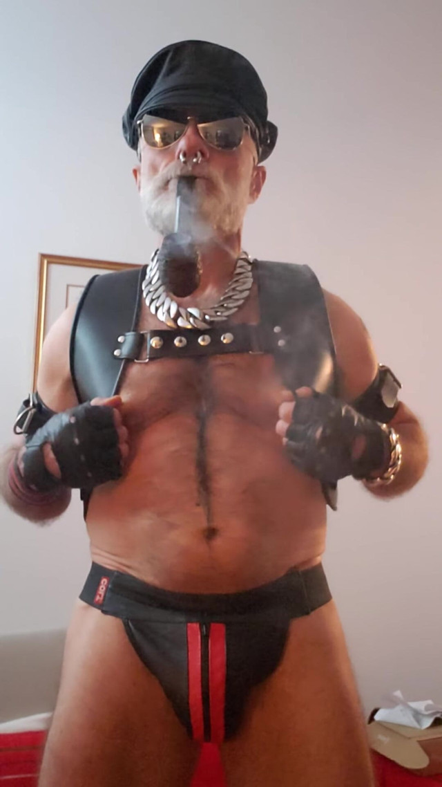 Cigar Stepdad Enjoyin Pipe with a New Pair of Nipple Clamps From Meo.de, Waiting for a Boy to Come and Play with Them (Muscles Cigar FFPig)