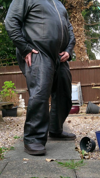 Leather Overalls in the Garden