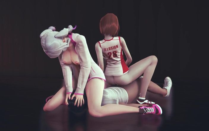 Waifu club 3D: Två tjejer knullar tränaren i gymmet