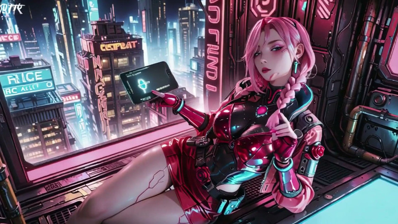 Seraphina Vale: Mech Warrior berambut merah jambu! Melutut di Neon Streets, Red...