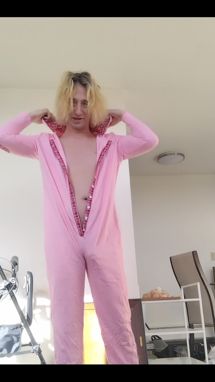 LilTaste: Transwoman Opening One-piece Pink Rabbit Pajamas Bodysuit with Button-up Buttflap...