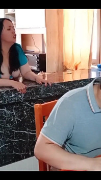 My Cuckold Husband Works While My Stepson Fucks Me in the Kitchen No