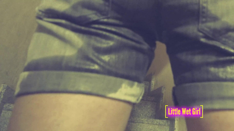Little Wet Girl: Desperate pissing in shorts and panties on the stairs