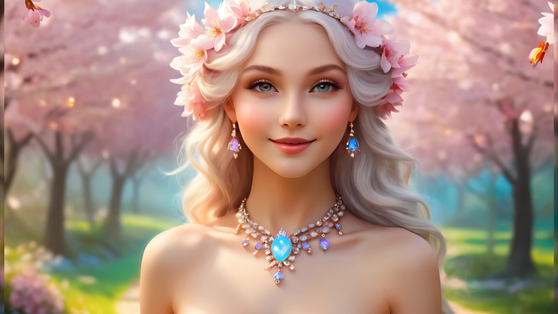 LustRender: Una donna nuda sorridente che tiene in mano cherry blossom,...