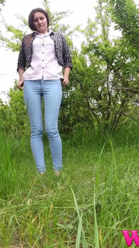 Desperate Skinny Girl in Jeans Trying to Hold Her Pee in the Forest
