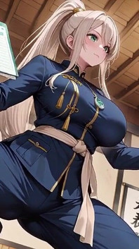 Blonde Samurai in diepblauwe do-over! Knielend in de Japanse corridor, pronkend met haar tedere kont