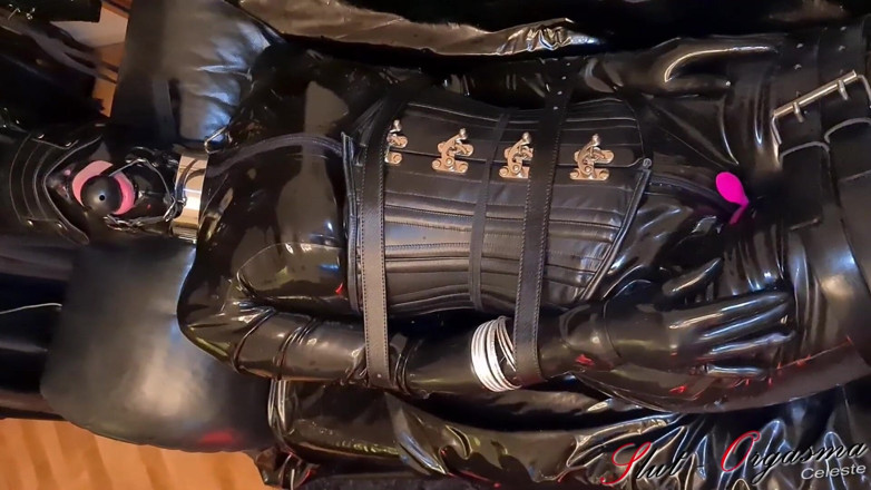 Slut Orgasma Celeste: Slave slut-orgasma Celeste bound in black latex and leather pushed...