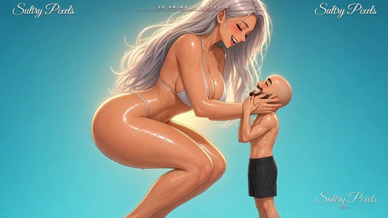 Sultry Pixels 3D: Giant Silver-haired Anime Babe Squats Down to Kiss Her Tiny...