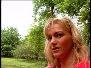 Lucky Cooch: Blonde babe is doing interview outdoors