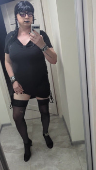 Sissy in Chastity Dances in Stockings & Heels with Big Fake Tits - Wednesday Addams Cosplay