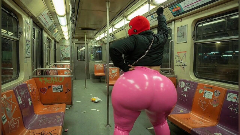 Animate golden: Menina rabuda twerking em fio dental rosa no metrô enquanto é...