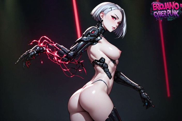 Cyber punk: Cyborg anime nahý – vysoká štíhlá dívka s robotickou paží v temném...