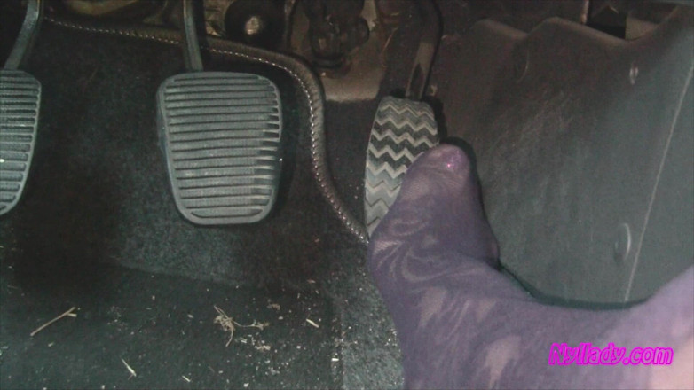 Nyllady: Nyllady's Footjob to Gearshift and Wheel in Patterned Pantyhose