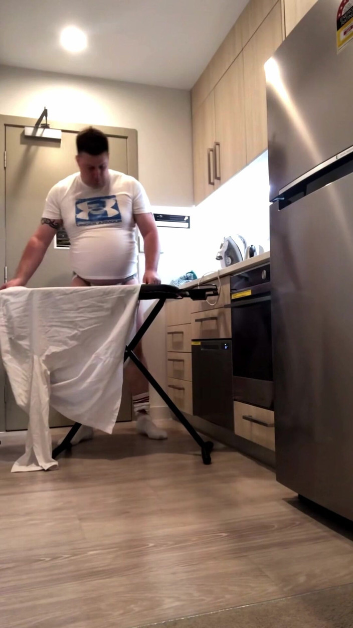 uktattooedchub74: Rugby Ass on Display as I Iron My Shirt.