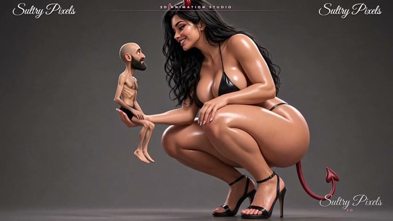 Sultry Pixels 3D: Giant She-devil rozbiera topless dla swojego małego brodacza - całuje jej...