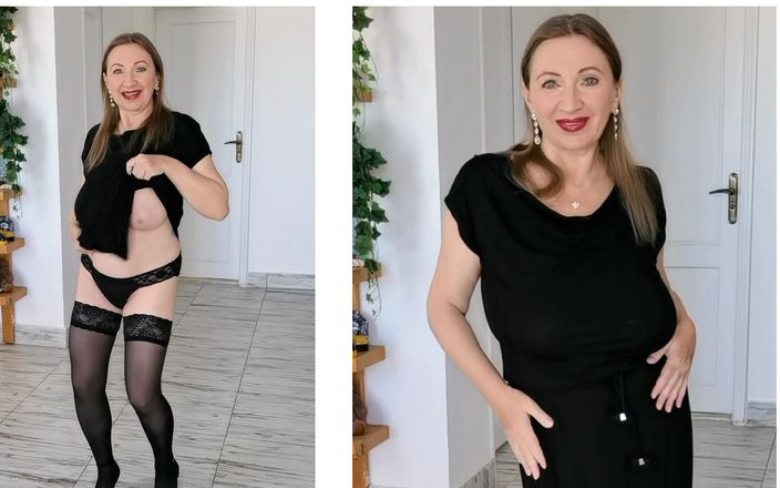Maria Old: Une MILF sexy trémousse des seins naturels énormes, en bas noirs...