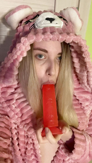 My bf cuckold: Girl in cute outfit suck dildo