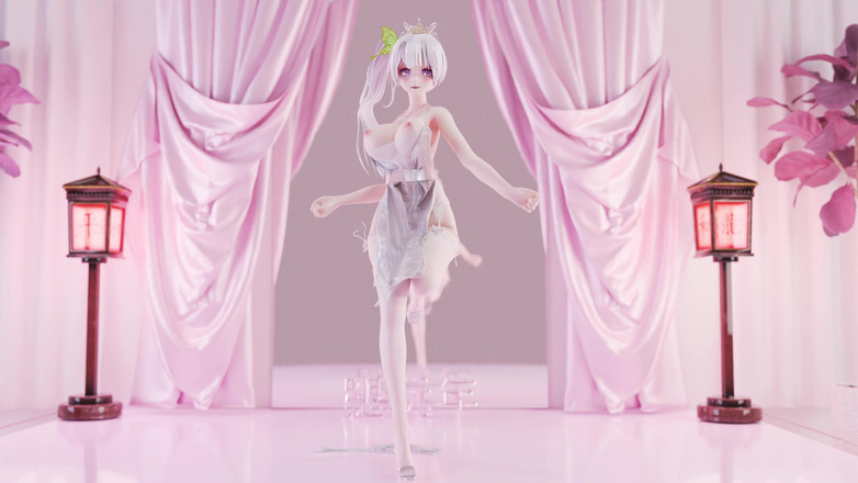 MikuMotion: Svagt ljud erotisk hängslen vita sidenunderkläder genomskinlig klänning