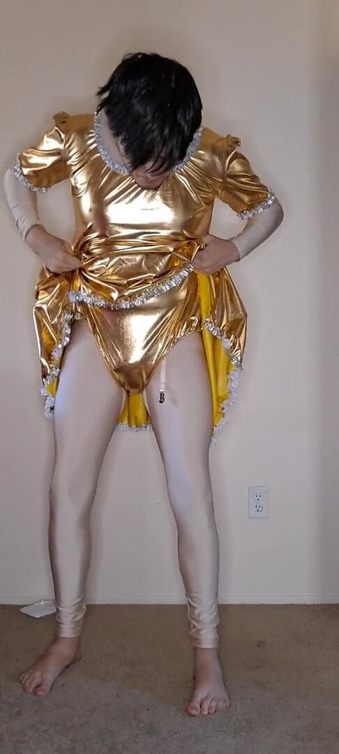 Pup Zentai: Si veste la cameriera dorata lucido