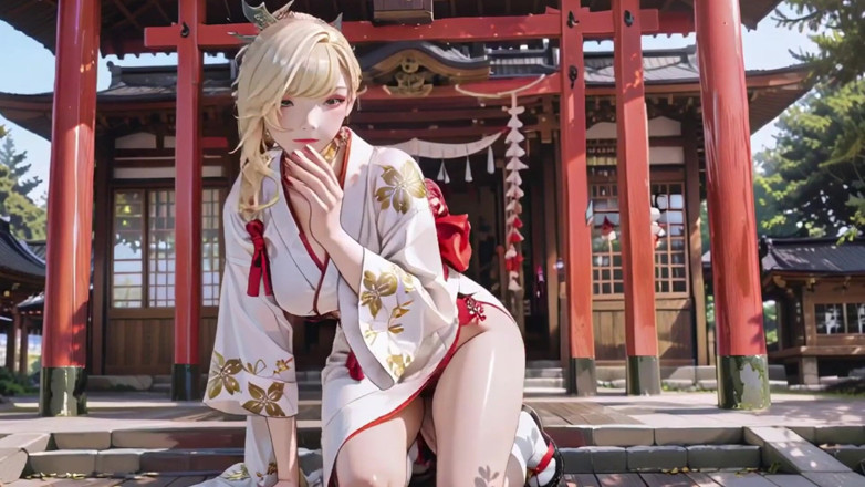 Seraphina Vale: 金发和服女孩的神社秘密!穿着米色修改的和服跪在鸟居门下