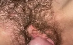 Quick Cumshot on Hairy Pussy Bush in Missionary