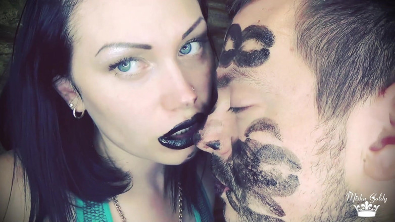 Goddess Misha Goldy: Covering Alex with black shiny lipstick kisses all over his...