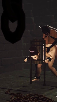 Super hot black shemale fucks hard a busty cuffed brunette in the dungeon thumbnail