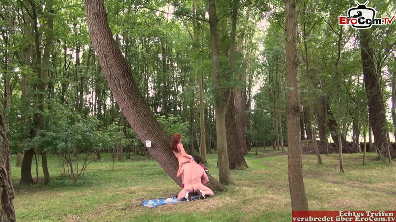 EroCom: Skinny redhead girl in stockings fucks outdoor